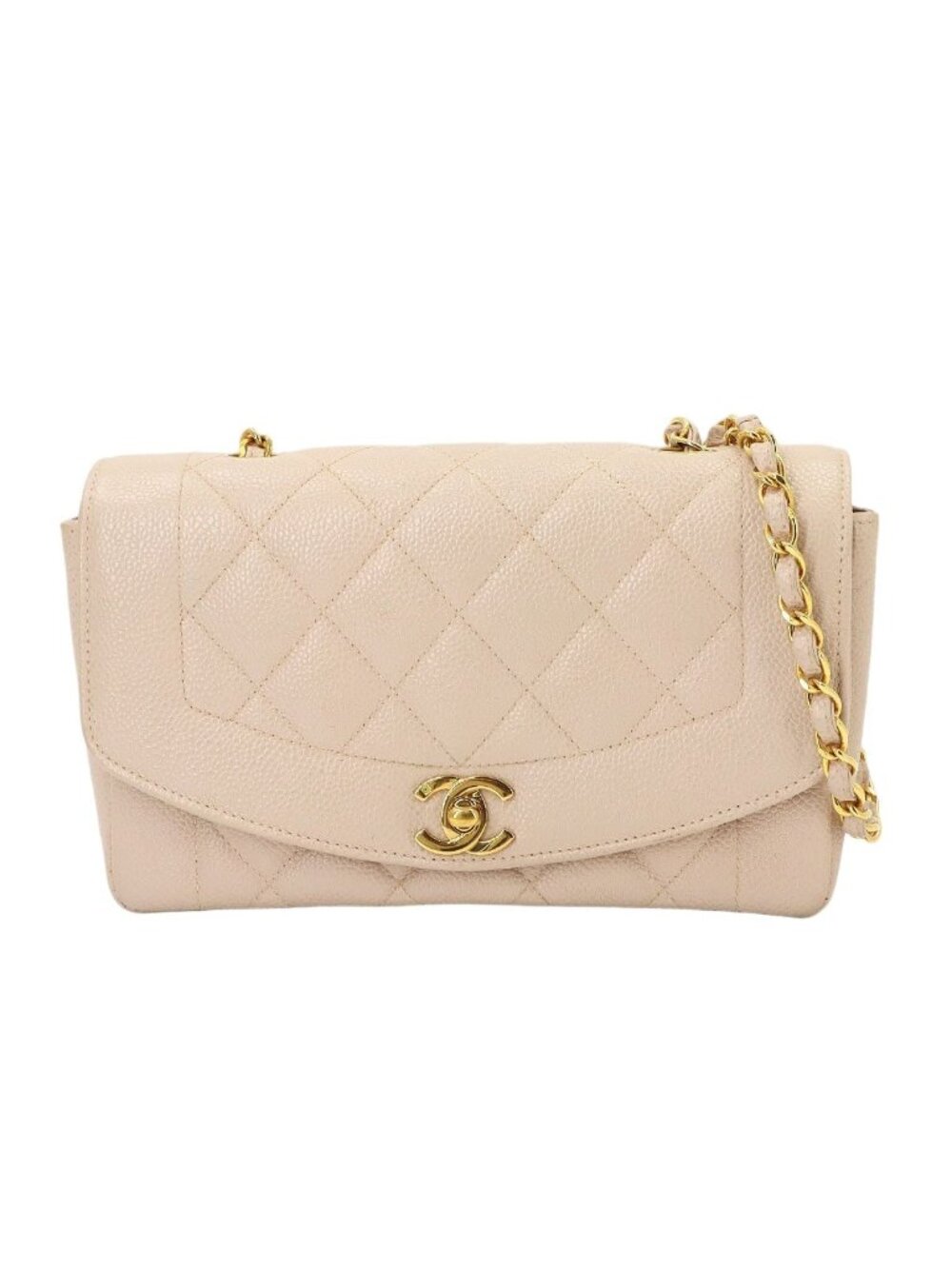 Chanel Diana Quilted 22 Chain Shoulder Bag Caviar Leather Pink Beige Vintage